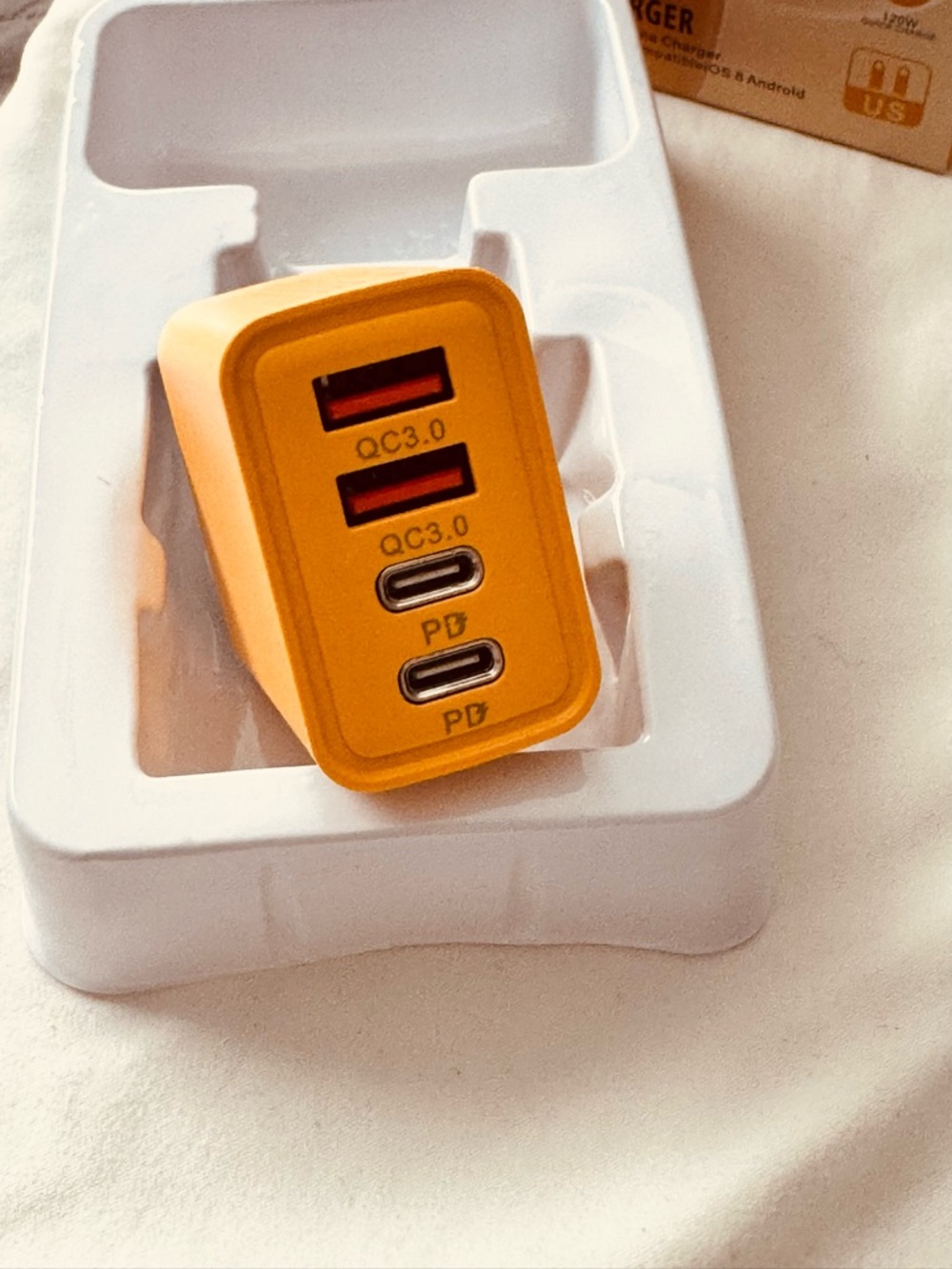 Fast Charging USB C Wall Charger Block Braided Cable 20W PD MultiPort Yellow NIB - Picture 2 of 9